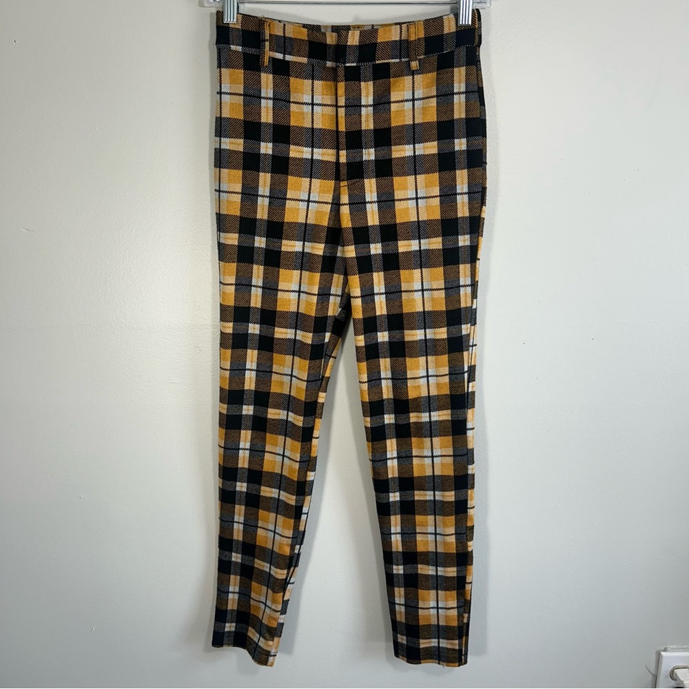Forever 21 Women’s Plaid Stretch Pants Size Small Mustard Yellow / Black / White